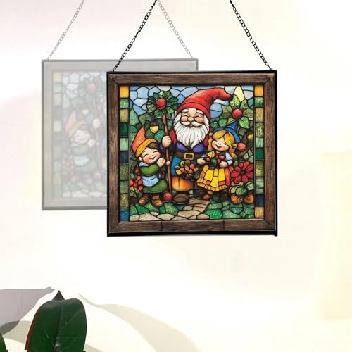 Gnome with Seasonal Celebration Stained Glass Suncatcher – Square Hanging Window Panel for Home, Garden, Nursery, Halloween, Christmas, Memorial Day – Whimsical Glass Art Gift for Gnome Lovers sfibxo - Image 4