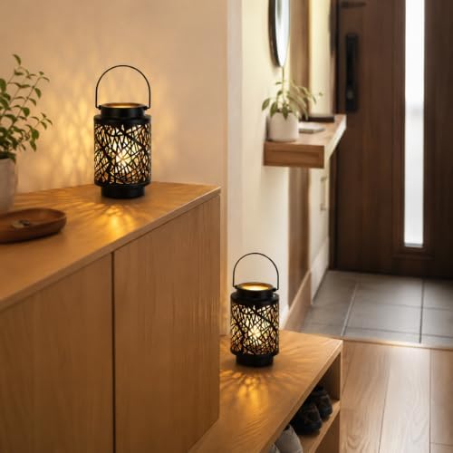 JHY DESIGN Set of 2 LED Battery Operated Table Lamp 8“H Cordless Lamp Light with 6-Hours Timer Metal Black Battery Lamp for Patio Garden Indoor Outdoor Party Events(Hollow Branch) - Image 6