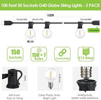 Mlambert 300Ft(3x100Ft) LED Outdoor String Lights Dimmable Waterproof G40 Globe Patio Lights with 150+7 Warm White Bulbs for Backyard Cafe-Black Cord - Image 2