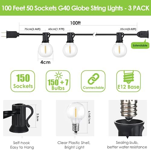 Mlambert 300Ft(3x100Ft) LED Outdoor String Lights Dimmable Waterproof G40 Globe Patio Lights with 150+7 Warm White Bulbs for Backyard Cafe-Black Cord - Image 2