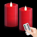 3x5 inch Red Flameless Candles, Realistic Flameless LED, Battery-Powered Pillar Candles with Remote & Timer, Fake Candles for Fall Decor, (Red, 3"*5"-2pcs) by WOOCODOWE