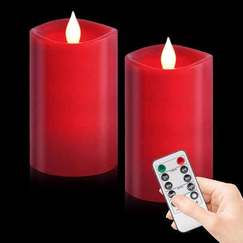 3x5 inch Red Flameless Candles, Realistic Flameless LED, Battery-Powered Pillar Candles with Remote & Timer, Fake Candles for Fall Decor, (Red, 3"*5"-2pcs) by WOOCODOWE