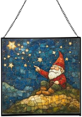 Gnome Stargazing Hill Stained Glass Suncatcher – Square Hanging Window Panel for Home or Greenhouse – Whimsical Glass Art Gift for Garden Lovers, Christmas, Halloween, Father Days CPnjtO by Custom