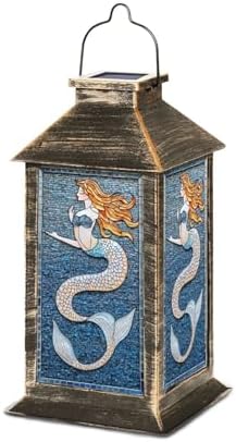 Solar Lantern Stained Glass Window Panel Scales Flowing Hair Sea Motif Outdoor Waterproof Garden Hanging Lantern Solar Powered Lighting Outside Table Lamp for Patio Deck Camping 1 Pack by Unknown