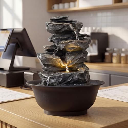 Giantex Tabletop Water Fountain with Warm LED Light, Tiered Rock Waterfall with Pump, Zen Meditation Desktop Decor for Office, Home Relaxation - Image 2