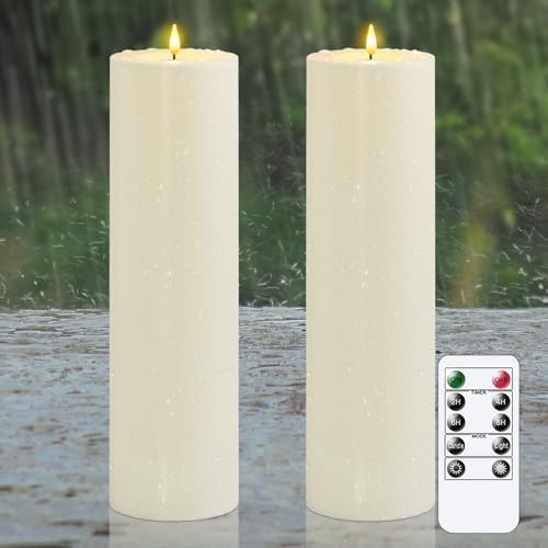 Yeelida 4" x14" Flameless Flickering Waterproof Candles with Remote, LED Battery Operated Timer Plastic Ivory Pack of 2 Pillar Candles for Outdoor Use (Long Lasting 420+ Hrs) by Yeelida