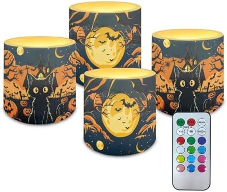 Pack of 4 Flameless Candles Halloween Battery Operated Candles with Remote and Timer Flickering LED Elictric Pillar Tealights for Indoor Outdoor Party Decorations, Pumpkin Black Cat by Merkmak