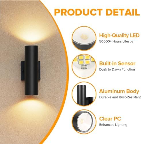 LUTEC Dusk to Dawn Outdoor Wall Lights, 16W Integrated LED Cylinder Up-Down Sconce, 3000K Waterproof Aluminum Exterior Lighting, Matte Black Modern Porch and Entryway Wall Light Fixture, 2 Pack - Image 4