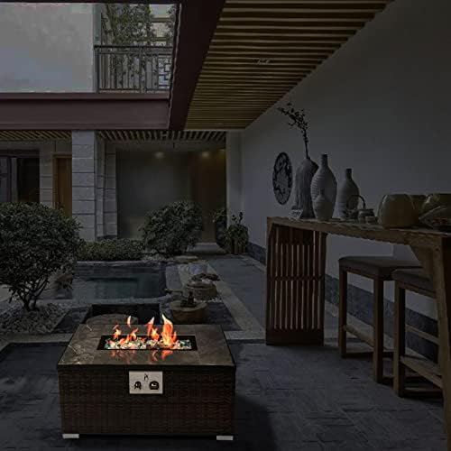 32'' Propane Fire Pit Table, Marble Textured Ceramic Tabletop, 50,000 BTU Fire Table with Brown Wicker, Mix Color Glass Rocks, Including Lid&Cover, Rectangle, Tank Required to Be Kept Outside - Image 7