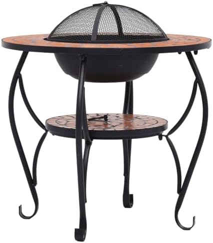Tidyard Mosaic Fire Pit Table, 68cm Round Ceramic Steel Patio Heater with Mesh Cover and Poker for Outdoor Garden Backyard - Image 5