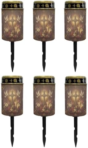 Poceacles Solar Powered Flameless Candle Cemetery Votive Candles Waterproof Outdoor Memorial Solar Stake Lights Home Outdoor Decoration, Cross Rose Bible Book Print Brown, 6 Pcs by Poceacles