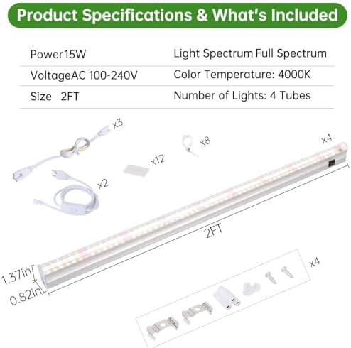 T5 Grow Lights, 2FT 60W (4×15W, 500W Equivalent), Full Spectrum Grow Lights for Indoor Plants, 4000K, Plug and Play, Easy to Install, for Greenhouse & Plant Shelves (4 Pack) - Image 7