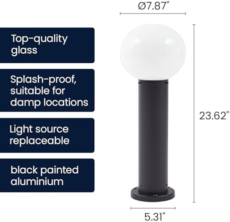 23.6" Outdoor Post Light, Modern Outside Bollard Light with Opal Glass Globe, Black Aluminum Pathway Lamp Post Light for Walkway Driveway Patio Garden, Hardwired, E26 Bulb Not Included - Image 4