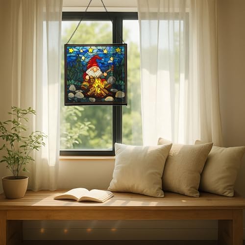 Gnome with Campfire Cooking Stained Glass Suncatcher – Square Hanging Window Panel for Home, Garden, Nursery, Halloween, Christmas, Memorial Day – Whimsical Glass Art Gift for Gnome Lovers ulz706 - Image 7