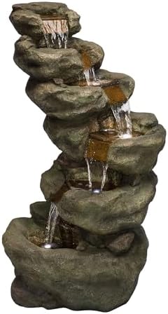 Alpine Corporation 48" Tall Multi-Tier Rock Waterfall Fountain with Cool White LED Lights, Outdoor Water Feature for Backyard, Patio & Garden Decor, Gray by Unknown
