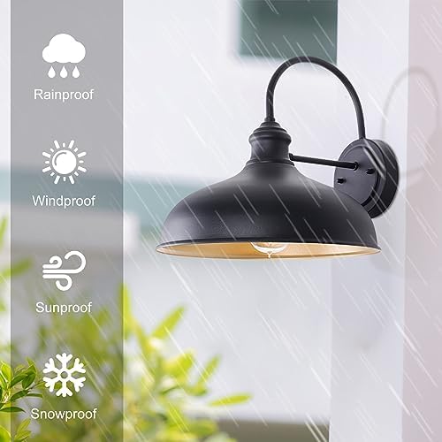 12" Outdoor Gooseneck Barn Light for Patio, Large Farmhouse Wall Mount Lights for Garage, Black Exterior Barn Porch Light Fixture with Brass Interior, Outside Wall Sconce for House - Image 2