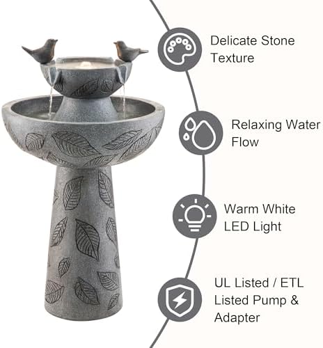 Glitzhome Outdoor Water Fountain with Lights & Pump, 26" H 2-Tiered Polyresin Bird Bath Fountain Floor-Standing Water Feature Waterfall Fountain for Garden, Yard, Patio, Home Decor - Image 3