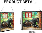 Black Shire Horse Resting Under Stable Eaves Square Suncatcher – Stained Glass Style Window Panel with Pastoral Scene, Custom Decorative Hanging Art for Equestrian Home, Christmas Ao6ker - Image 2