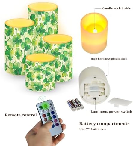 Flickering Flameless Candles with Remote 4 Pack St Patricks Day Battery Operated Pillar Candles with Timer Painting Style Shamrocks LED Elictric Pillar Tealights - Image 4
