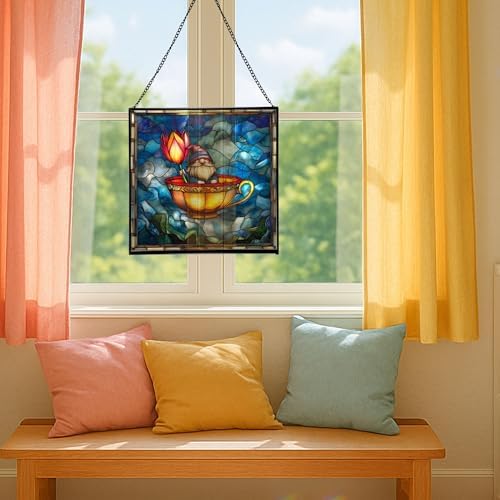 Gnome in Tulip Teacup Stained Glass Suncatcher – Square Hanging Window Panel for Home or Greenhouse – Whimsical Glass Art Gift for Garden Lovers, Christmas, Halloween, Father Days dXYmAm - Image 5