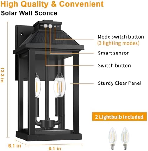 Solar Wall Lights Outdoor with 3 Lighting Modes & Motion Sensor, Outdoor Solar Dusk to Dawn Porch Lights, Waterproof Solar Wall Lantern Lights Fixture for Garage Shed Yard Garden Front Door, 2 Pack - Image 6