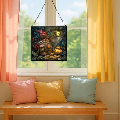 Gnome Tea Time Stained Glass Suncatcher – Square Hanging Window Panel for Home or Greenhouse – Whimsical Glass Art Gift for Garden Lovers, Christmas, Halloween, Father Days NlL056 - Image 5