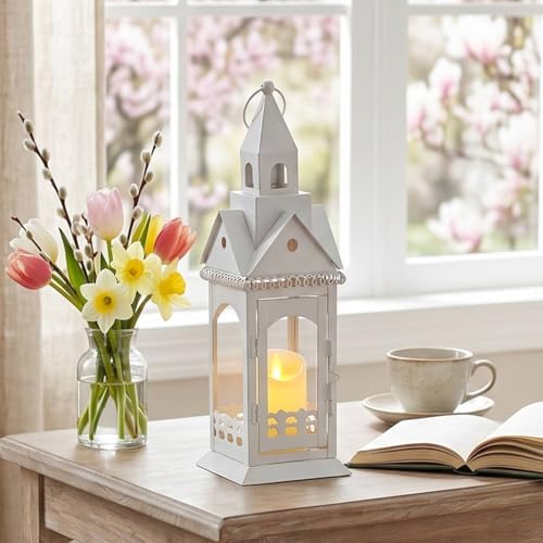 TRIROCKS Rustic Style Metal Candle Lantern 13'' High Decorative Outdoor Lantern Candle Holder with Tempered Glass House Shape for Home Living Room Garden Patio Parties Indoors Outdoors (White) - Image 2