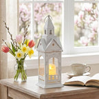 TRIROCKS Rustic Style Metal Candle Lantern 13'' High Decorative Outdoor Lantern Candle Holder with Tempered Glass House Shape for Home Living Room Garden Patio Parties Indoors Outdoors (White) - Image 2