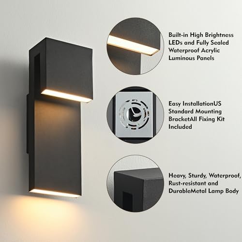 Modern LED Outdoor Wall Light 3000K 18W IP65 Waterproof Integrated LED Outdoor Wall Sconce Anti Rust Black Porch Lights Exterior Lighting Outside Lights Fixture for Garage,Balcony,Backyard 2PACK - Image 4