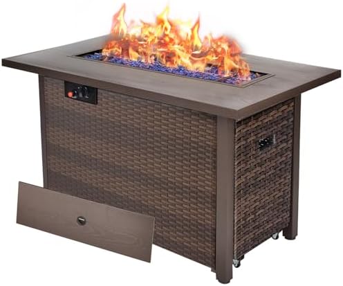 42" Propane Fire Pit, Outdoor Wicker Fire Pit Tables Rectangular Tabletop with Blue Glass Stones, 50000 BTU w/CSA-Certified and Tables for Outside Patio, Backard (Brown) by GREZONE