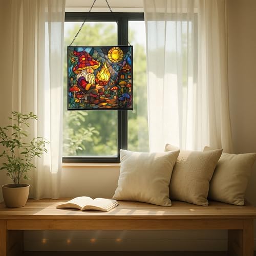 Gnome with Shadow Puppets Stained Glass Suncatcher – Square Hanging Window Panel for Home, Garden, Nursery, Halloween, Christmas, Memorial Day – Whimsical Glass Art Gift for Gnome Lovers cnc2mb - Image 7