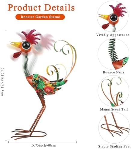 24'' Wacky Rooster Garden Statue for Outside, Patio, Backyard, Lawn - Image 3