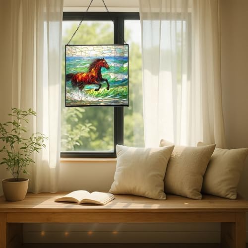 Dark Bay Thoroughbred Horse galloping along wind-cut shore Square Suncatcher – Stained Glass Style Window Panel with Pastoral Scene, Custom Decorative Hanging Art for Equestrian Home, Christmas EXx6QH - Image 7