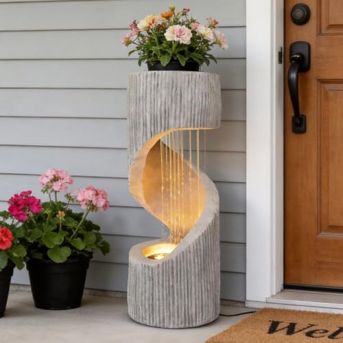 Modern S-Shaped Outdoor Fountain with LED Light, 40 inch Tall Spiral Column Waterfall Feature with Flat Top for Plant Display, Decorative Water Fountain for Garden, Patio by furniture