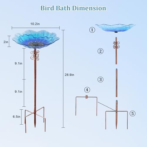 hogardeck 2 in 1 Floral Glass Bird Bath & Feeder - Hanging or Freestanding Outdoor Bird Bath with Sturdy 5-Pronged Base for Garden, Patio, Yard, Lawn Decor - Image 4