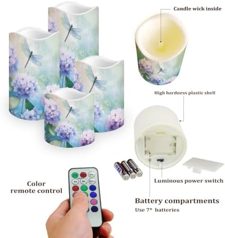 Hydrangea Dragonfly Flameless Candles with Remote Timer Battery Operated Fake Candles Color Changing Electric Pillar LED Candles Bulk Set of 4 - Image 3