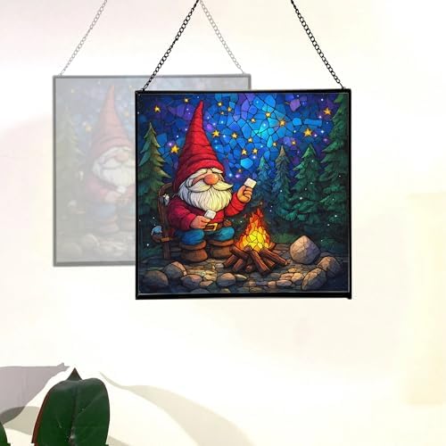 Camping Gnome Delight Stained Glass Suncatcher – Square Hanging Window Panel for Home or Greenhouse – Whimsical Glass Art Gift for Garden Lovers, Christmas, Halloween, Father Days vBfqWL - Image 4