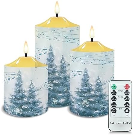 Cozeyat Flameless Candles with Remote Set of 3, Christmas Tree Musical Note Snowscape Print Flickering Electric Candles for Christmas Decor, Unscented Realistic Bullet Floating Flame Candles by Cozeyat