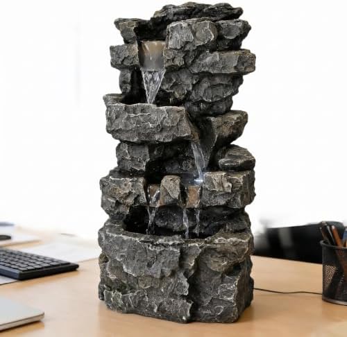 Tabletop Rock Waterfall Fountain, 4-Tier Stacked Stone, Resin, LED Lights, USB Powered, 7.08 x 5.5 x13.3Inches by LithosKryos