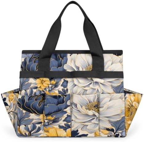 Navy Blue Floral Garden Tool Bag Organizer Heavy Duty Yellow Flowers Gardening Tote Bag with 10 Pockets for Women Men Gardening Gifts by Home