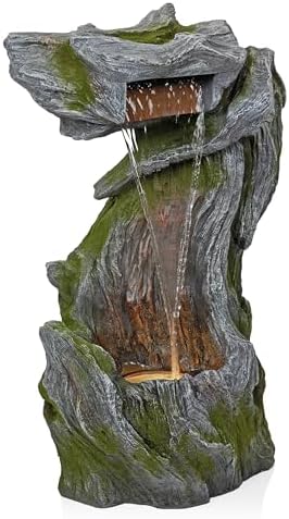 Alpine Corporation WIN1628 32" Outdoor Tree Bark Water Fountain with Color-Changing LED Lights, Cascading Waterfall Garden Fountain for Backyard, Patio & Outdoor Décor, Gray - Image 2