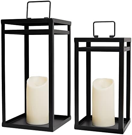 HPC Decor Black Metal Candle Lanterns Set of 2- Lanterns Decorative w/ LED Timer Candles- 15.8'' & 12.6'' Chunky Modern Farmhouse Lantern Decor for Indoor,Outdoor,Fireplace,Porch (No Glass) by HPCDECOR