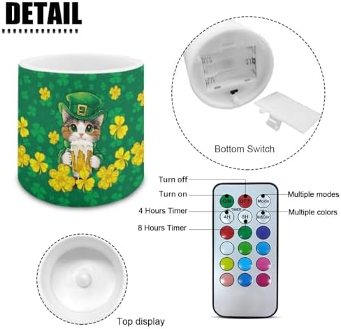 St Patrick's Day Shamrocks Cats Battery Operated Flameless Candles with Remote and Timer Flameless LED Pillar Candles for Party, Banquet, Home Decoration Battery Tealights - Image 2