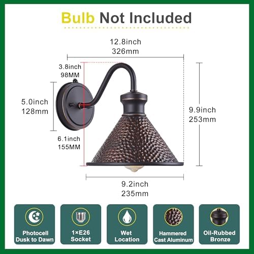 Tarentlight Dusk to Dawn Outdoor Gooseneck Wall Sconce with Dark Sky Cast Hammered Aluminum Shade in Oil Rubbed Bronze Finish,Anti-Rust Waterproof Outdoor Light for Farmhouse Porch Garage,1-Light E26 - Image 4