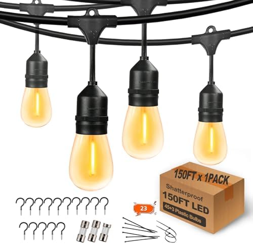 150 FT Outdoor String Lights for Outside Black with 48pcs Replaceable S14 Edison Lights 2200K, Weatherproof for Patio Pergola Gazebo Backyard, 1-Pack, Hooks and Zip Ties Included, Connectable by YuHooLamp