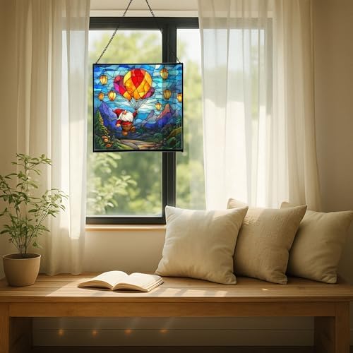 Gnome with Lantern Balloons Stained Glass Suncatcher – Square Hanging Window Panel for Home or Greenhouse – Whimsical Glass Art Gift for Garden Lovers, Christmas, Halloween, Father Days smlKhE - Image 7