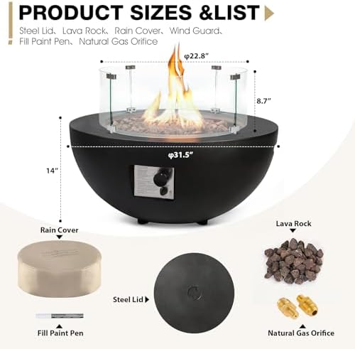 31.5'' Outdoor Round Black Propane Fire Pit Table with Wind Guard - Image 2