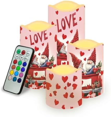 Heart and Gnome Flickering Flameless Candles Pillar LED Candles with Remote and Timer Set of 4 Color Changing Battery Operated Candles for Home Valentine's Day Decoration by Uorisanigo