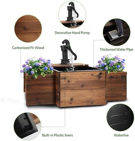OIPRTGFJ Outdoor Water Fountain,Floor Wooden Rectangular Pump Old-Fashioned Fountain with Flower Box,Electric Decorative Hand Pump, Outdoor Water Feature for Garden Patio Backyard - Image 3
