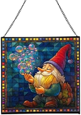 Gnome with Soap Bubbles Stained Glass Suncatcher – Square Hanging Window Panel for Home or Greenhouse – Whimsical Glass Art Gift for Garden Lovers, Christmas, Halloween, Father Days urBatW by Custom